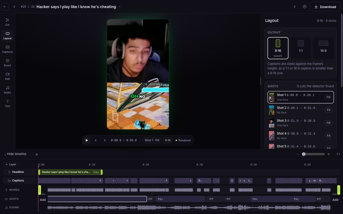 boqo's clip editor: a 9:16 preview of a Fortnite clip, the Layout panel listing its nine shots with Fit and Fill, and a timeline with Headline, Captions, Words, Shots and Sound lanes